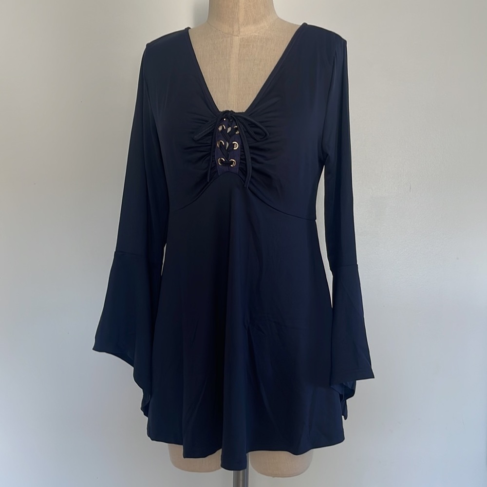 Navy Blue Lace-Up Women's Top